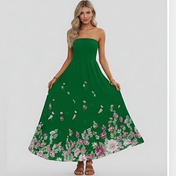 Floral Print Strapless Shirred A-Line Dress Green - Picture 1 of 8